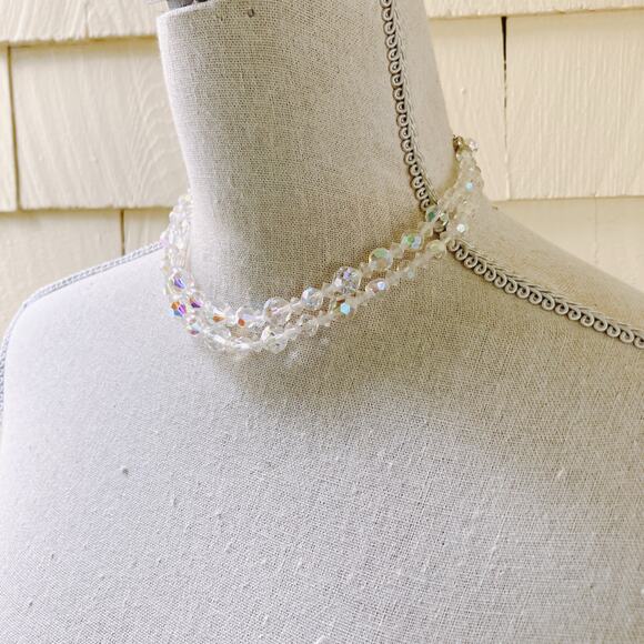 VTG 1950-60s Necklace AB Crystal Graduated Bead Double Strand Choker Layered MCM - Picture 9 of 12